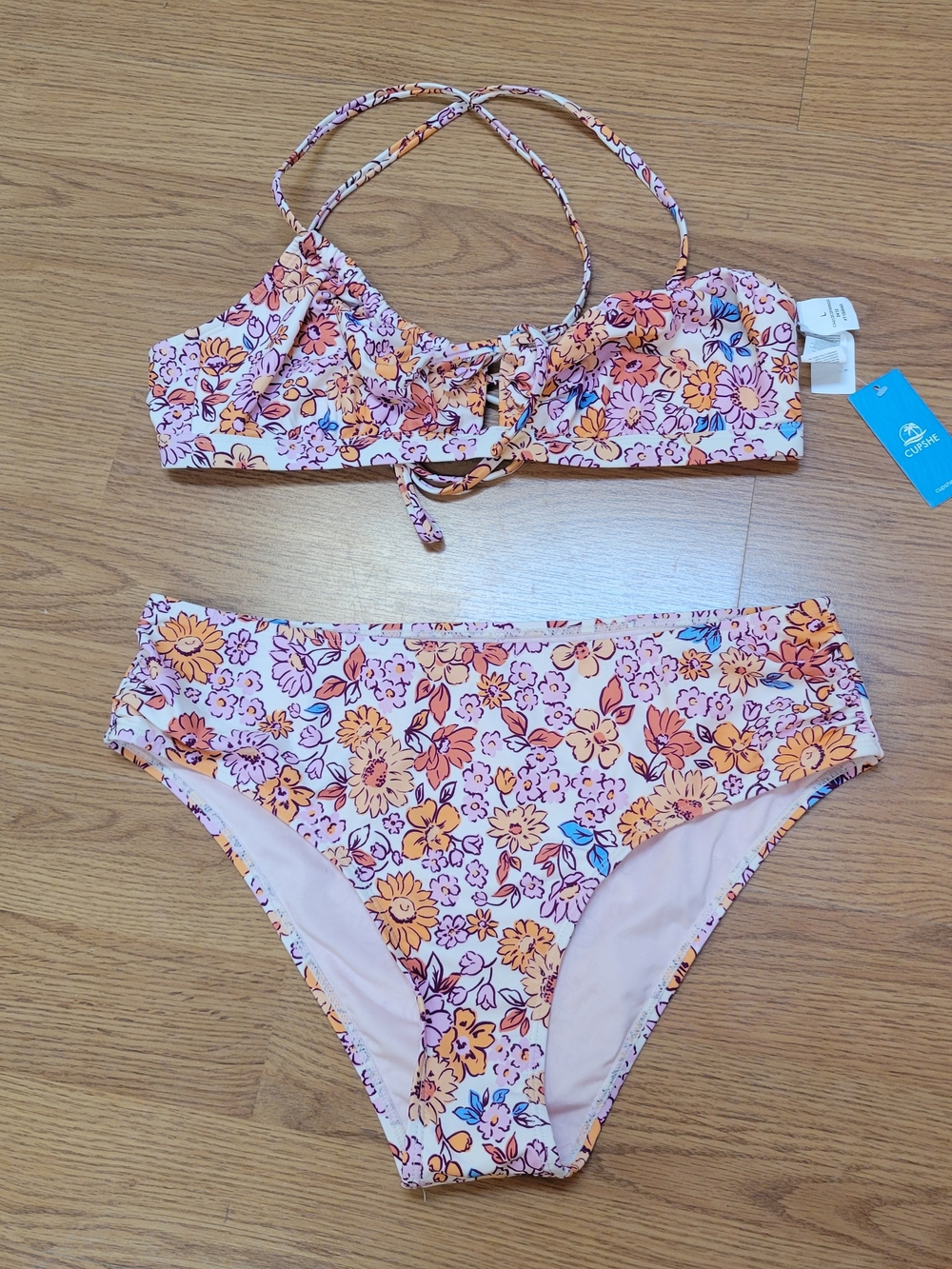 Cupshe Pink Floral Bikini Top with Orange & Purple Accents